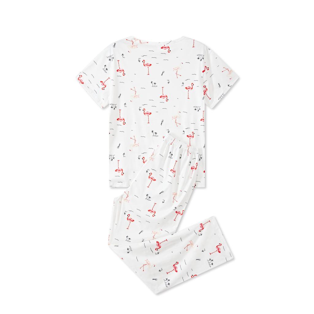 European and American Style Women's Fashion Spring Loungewear 2 Piece Short Sleeve Long Pants Pajamas Set Floral Print Homewear