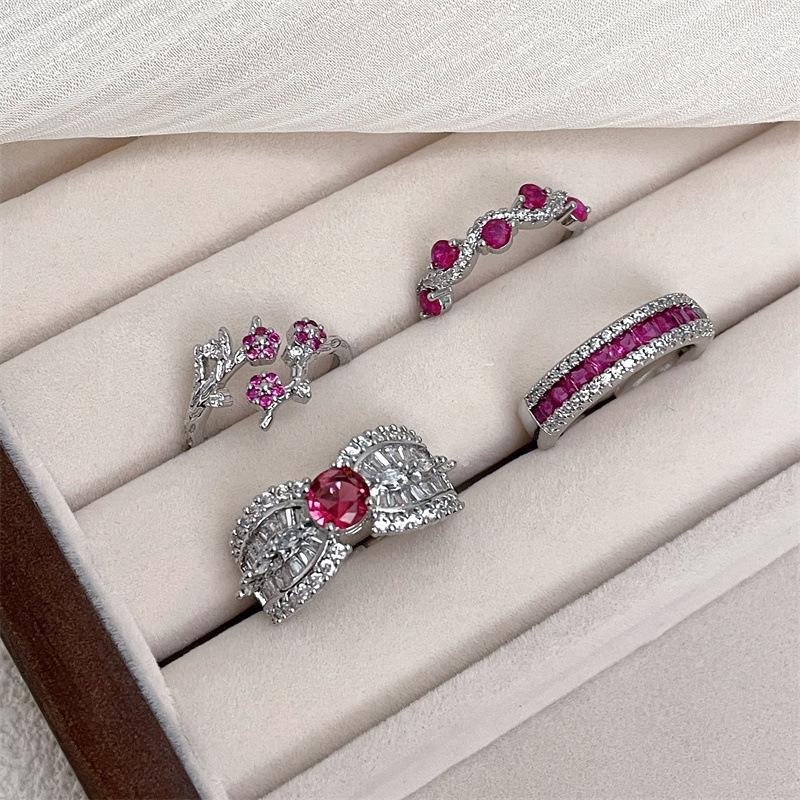 Rose Red Super Flash Zircon Series Open Ring, High-End Light Luxury Niche Design, Exquisite Fashion Ring Woman