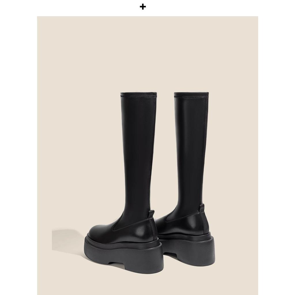 [Factory Making Goods] Leather Thick-soled Boots Women's Elastic Thin Boots Heightening Long Boots Tall Knight Boots
