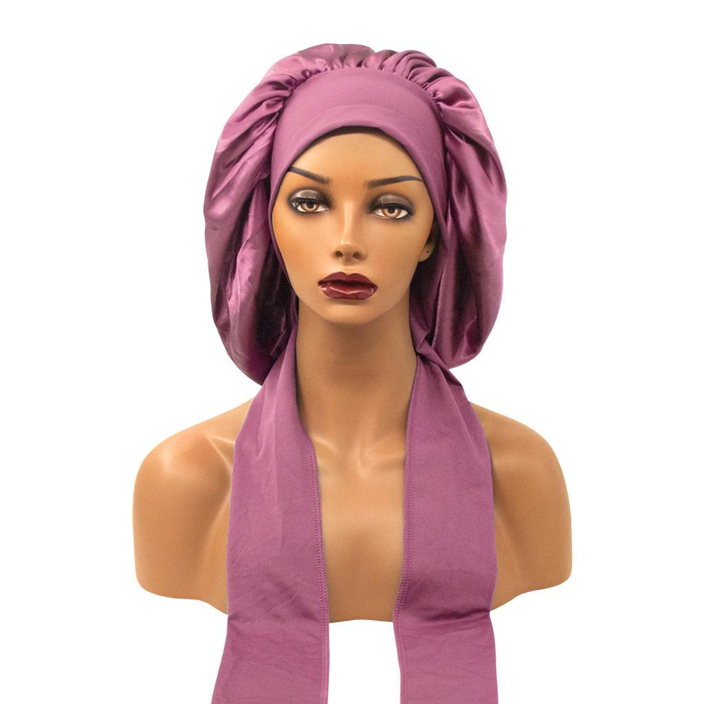Damen Satin Erweiterte Schlafhaube Nacht-Schlafhaube mit Langem Band Haarpflege-Haube Nachtmütze Elastische Kappe De Nuit Dusch-Turban