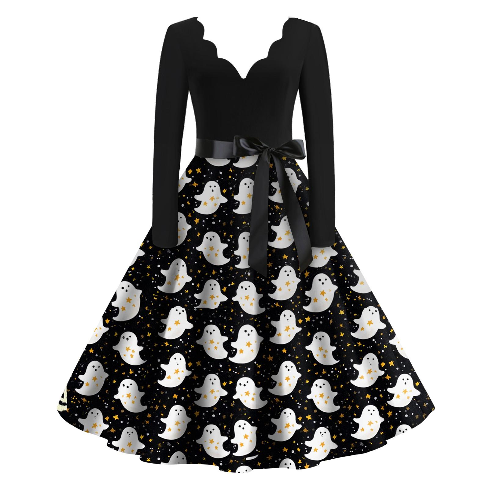 

Women s Casual Fashion Halloween Printed V-Neck Vintage Dress L чорний