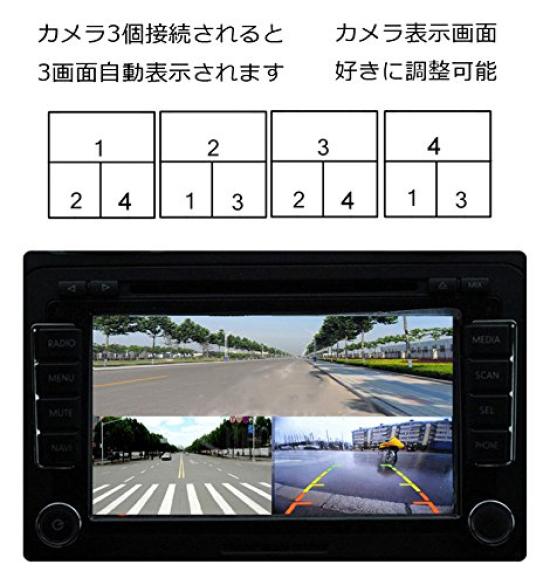 video splitter for car splits video into 4 switches between normal and mirrored displays 4 images on one displays and front cameras all at once 4-way