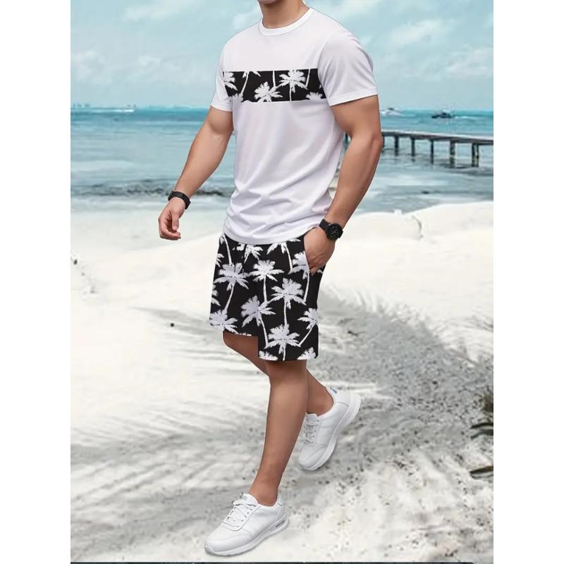 Summer Men's Casual Short Sleeve Suit Retro Palm Print Casual Holiday Fashion Street Wear Short Sleeve Shorts 2 Pieces