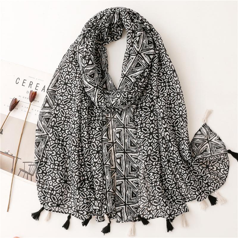 Fashion Aztec Floral Thin Tassel Viscose Shawl Scarf Lady Print Soft Pashmina Stole Wrap Snood Bufandas Muslim Hijab Sjaal