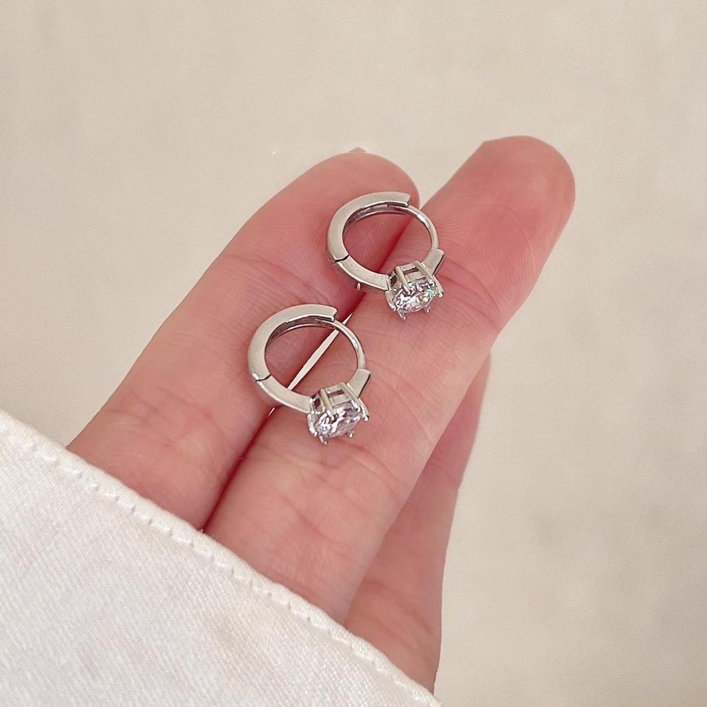Luxury Zircon Sterling Silver Hoop Earrings Light Luxury Style Geometric Shape Diamond-Studded Women's Minimalist Design