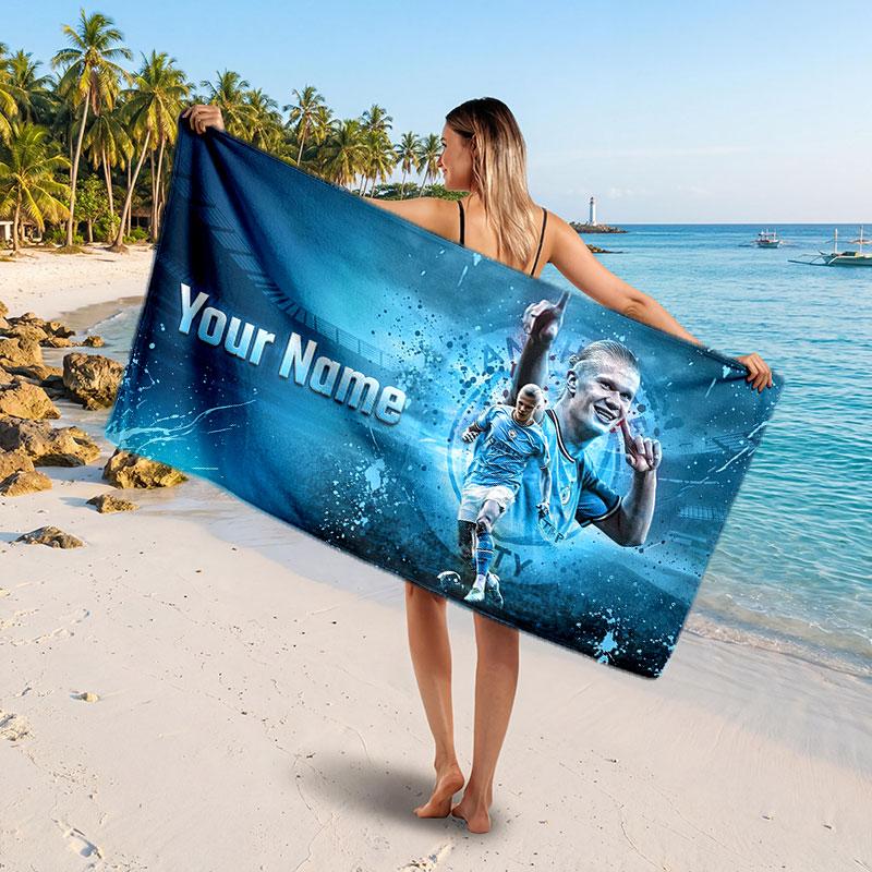 Erling Haaland Custom Beach Towel, Personalized Name Text Print, Football Logo Soft Quick‑Dry Towel Holiday Gift