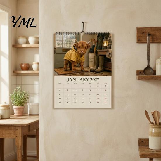 Cute Cow Theme Calendar 2027 Highland Seasons Calendar, 12-Month Desk Planner with Art, Desktop Appointment Thick Paper Daily Organizer for