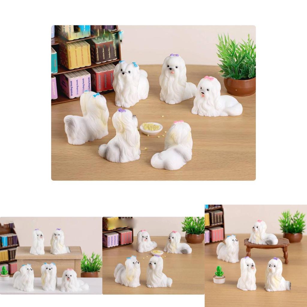 Adorable Resin Maltese Dog Figurine With Pink Bow Miniature Desk Decor