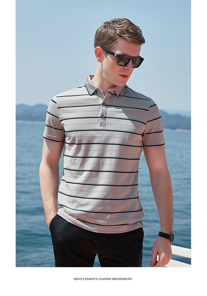 [Old Money Style Stripe] Summer New Mulberry Silk Cotton Blended Light Luxury Men's Polo Shirt