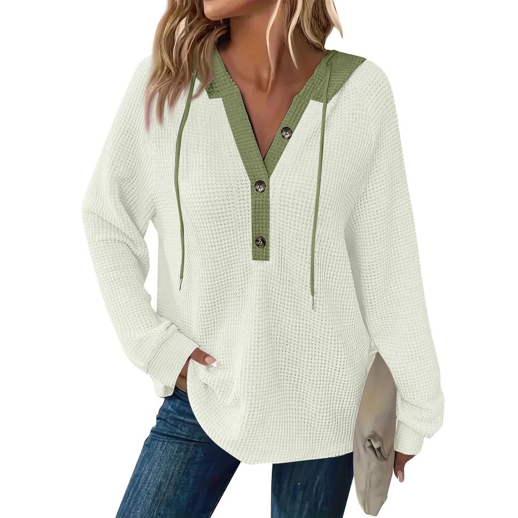 Damska bluza z długim rękawem i ściągaczem w blokach kolorów, z kapturem i guzikami, z dekoltem w serek, w swobodnym stylu