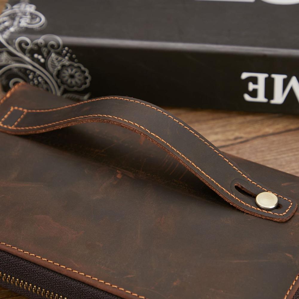 Men Genuine Crazy Horse Leather Long Wallet Vintage Zippered Phone Pocket Multi Compartment High Capacity Organizer Clutch Bag
