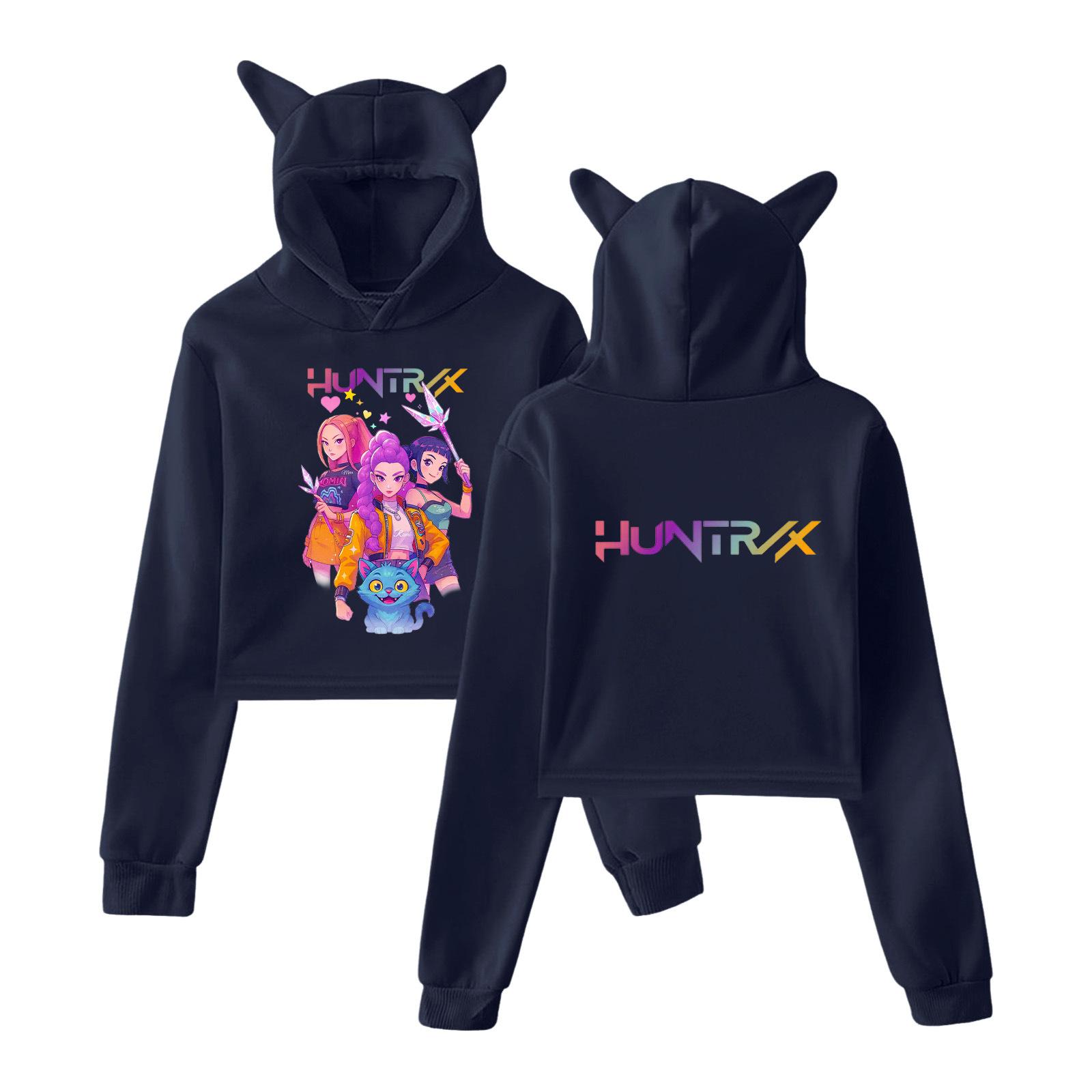 

Kpop Demon Hunters Толстовка для девочек с кошачьими ушками, с длинным рукавом, укороченные топы 2025 Аниме KPop Demon Hunters Харадзюку Толстовка с капюшоном XXS темно-синий