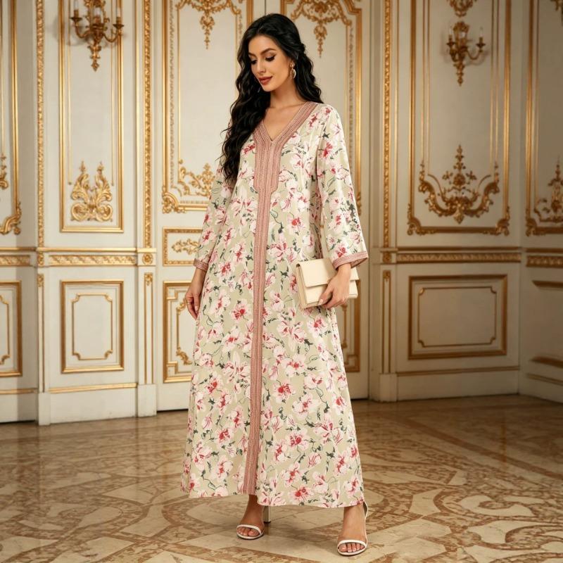 Women Elegant Ethnic Style Loose Plus Size Floral Print Long Dress