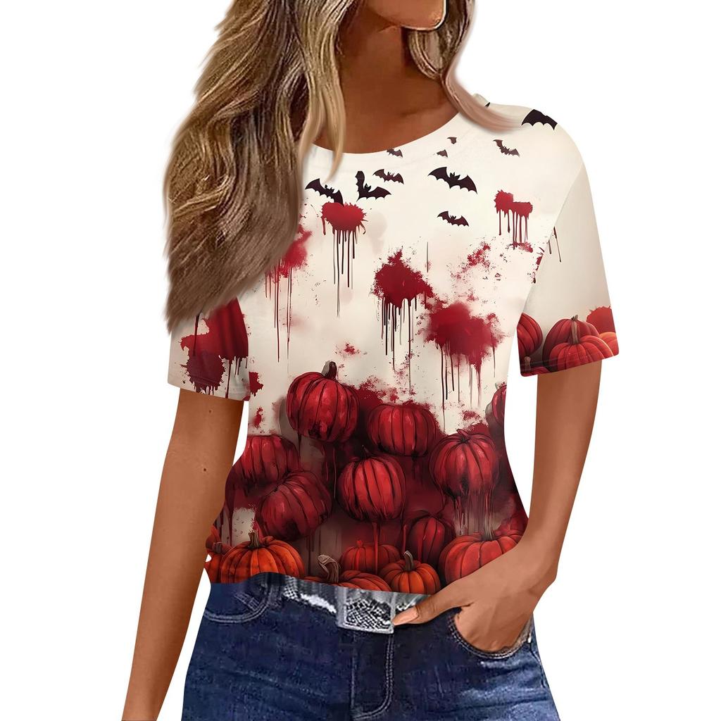Modisches Lässiges Damen-Pullover-Oberteil mit Kurzarm und Halloween-Print, Rundhals