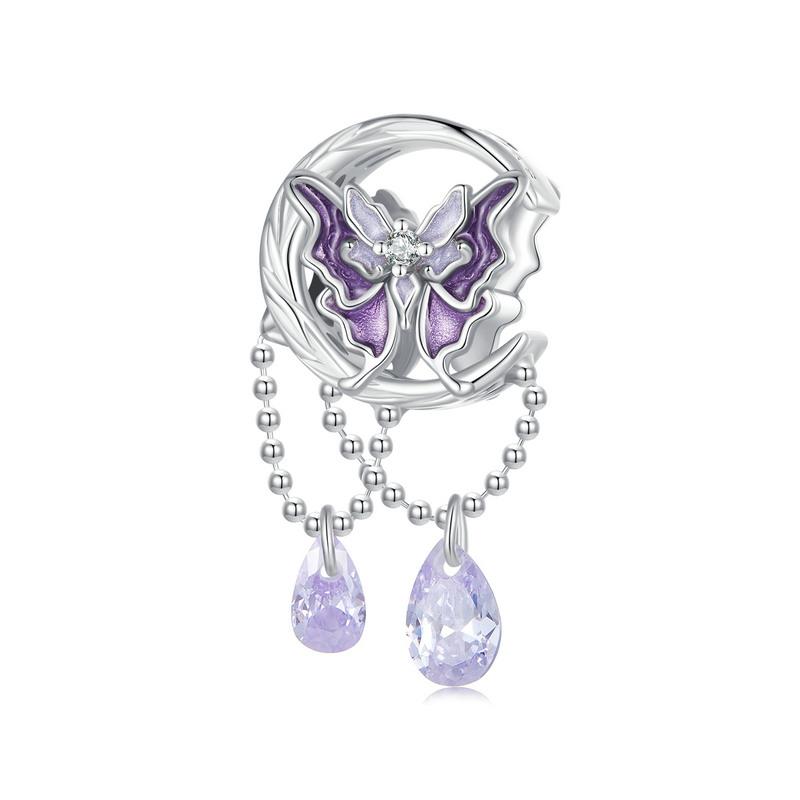WOSTU Mystic Purple Series 925 Sterling Silver Butterfly Charms Elf Pendant Drop Zircon Moon Beads Fit DIY Bracelet Neckalce