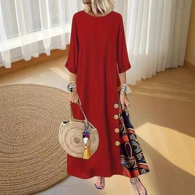 Three-quarter Sleeves Round Neck Printed Patchwork Loose Long Women's Dress