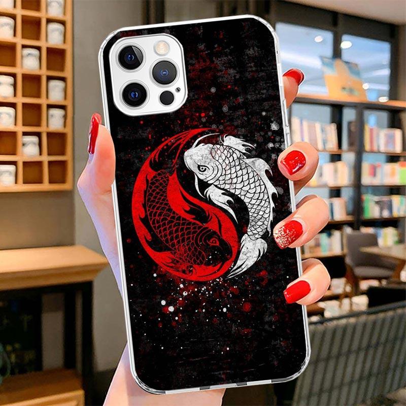 Japan Koi Fish Yin Yang Art Cover Phone Case For iPhone 16 17 Air 15 14 Pro Max 16E Phone Case 13 Mini 12 11 7 SE 8 Print Patter