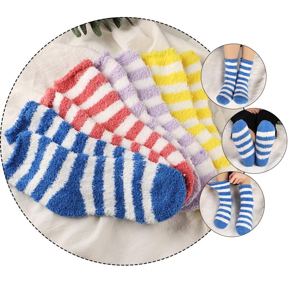 5Pairs Fluffy Plush Winter Warm Thickening Sleep Bed Sock Stripe Sox Coral Velvet Socks