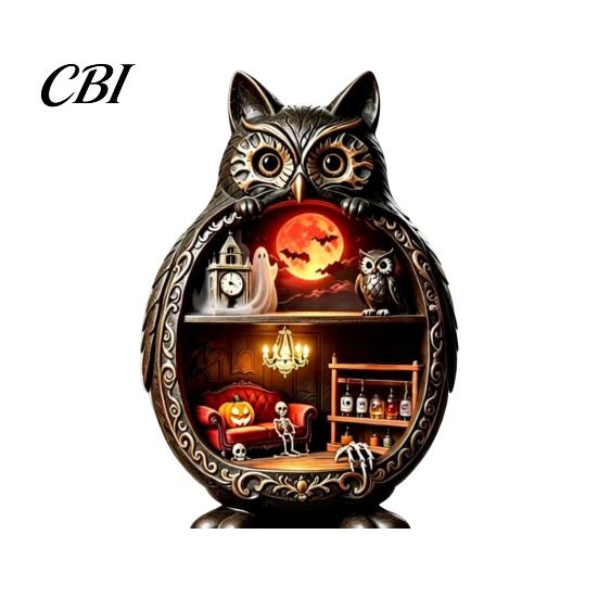 Vintage Wood Halloween Wooden Owl Tabletop Centerpiece, 2D Flat Pumpkin Ghost Bat Art Skeleton Standing Table Sign for Party, Shelf, Desk Decor Shelf