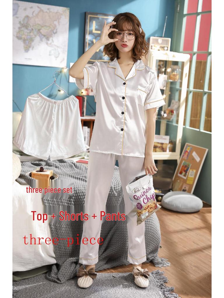 Women's Short Sleeve Faux Silk Ice Silk Pajama Set with Lapel - European Size