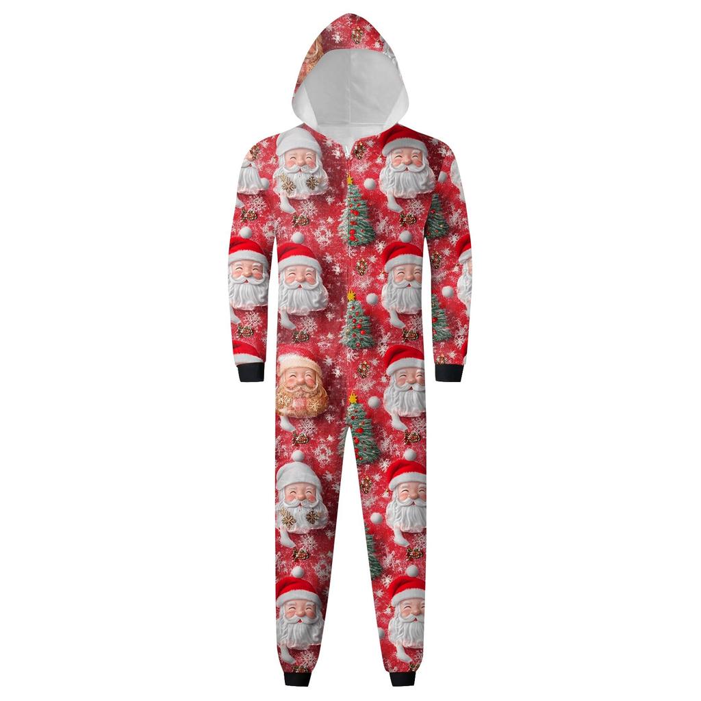 Christmas Print Parent-Child Outfit Hooded Zipper One-Piece Fashionable Home Suit Set