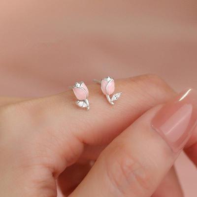 Silver Tulip Stud Earrings for Women - Mini Cute Pink S999 Sterling Silver Flower