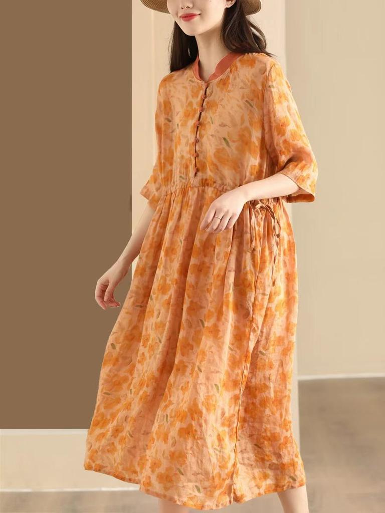 Johnature Women Vintage Dress Print Floral High Quality Stand Half Sleeve Chinese Style Cloths Summer Dress