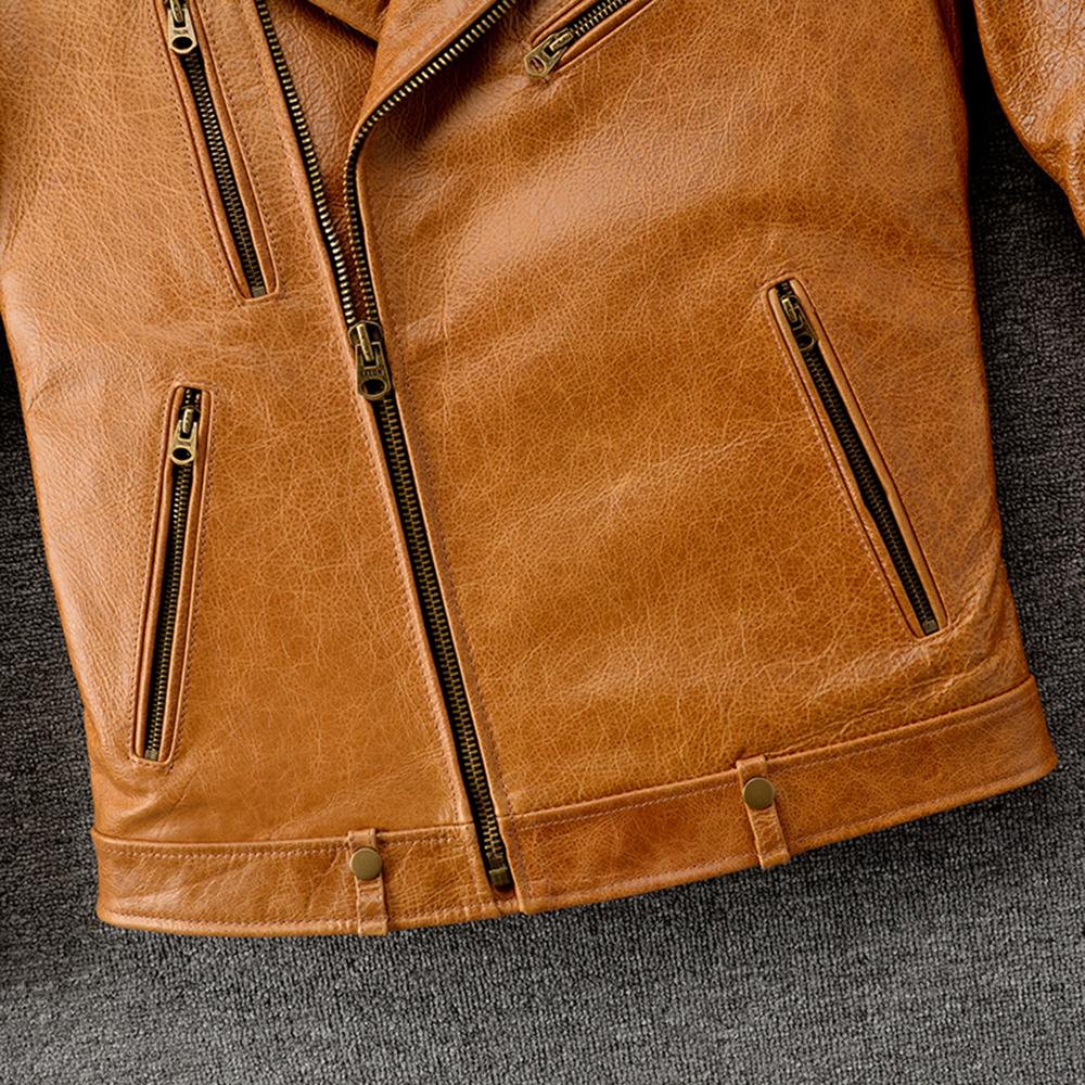Natural Oil Waxed Cow Leather Jacket For Men Biker Clothes Yellow Soft Genuine Cowhide Coat Autumn