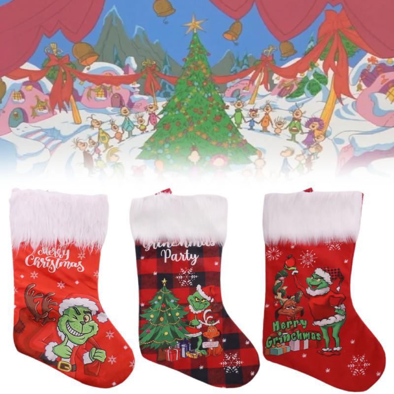 Plush Grinch Christmas Stocking Cozy Gift Bag For Kids Holiday Candy Holder