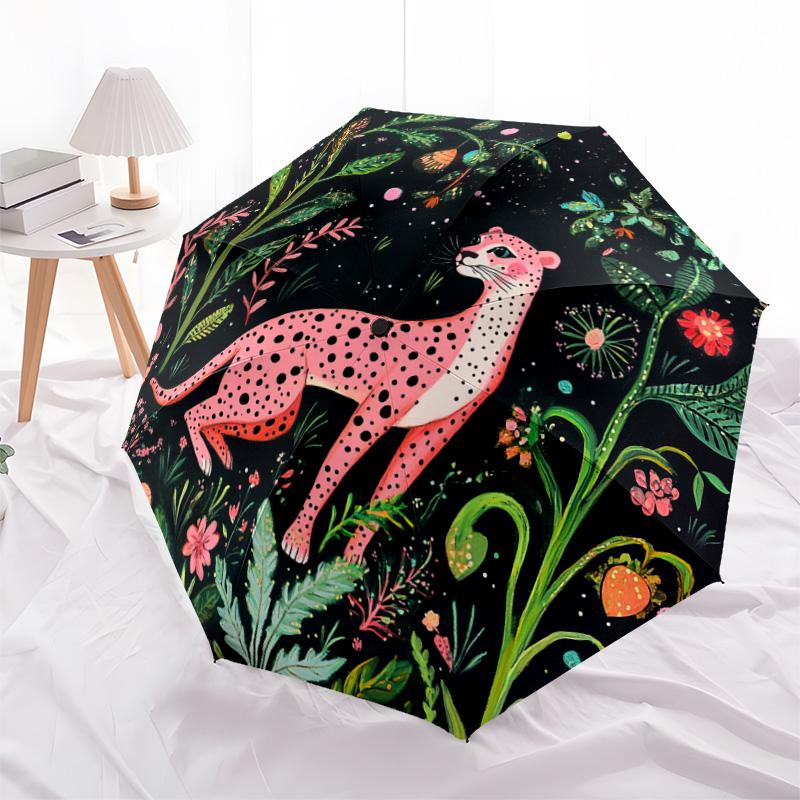 1 PC Automatic Folding Umbrella - Pink Leopard Pattern, Portable & Foldable Design with 8 Ribs, Christmas Birthday Gifts