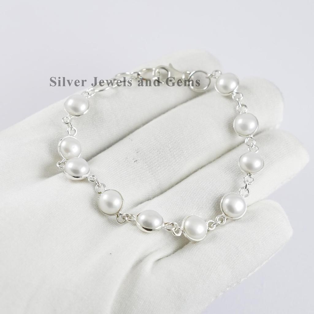 Natural Fresh Water Pearl Bracelet, 925 Sterling Silver Bracelet, Handmade Bezel Bracelet, Round Pearl Bracelet, Gift for Daughter
