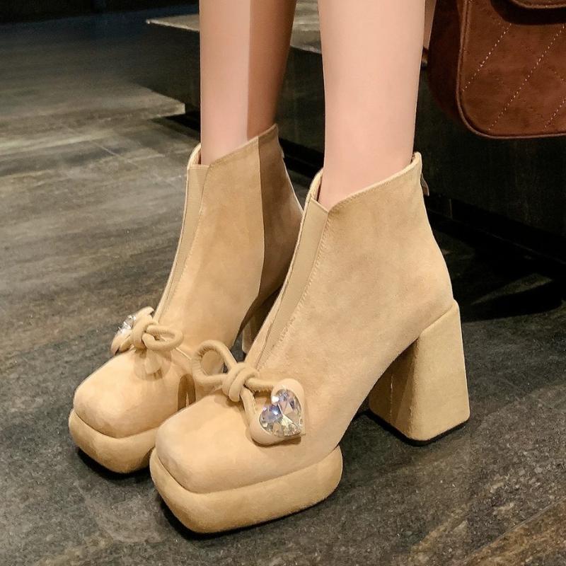 

Bow Women s Boots Sexy High Heels Luxury Crystal Suede Shoes Fashion Pumps Chelsea Boots New Elegant Dress Ladies Boots 40