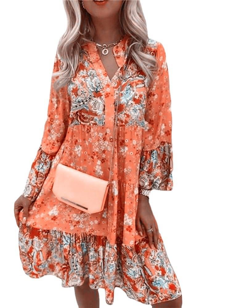 New Summer V-neck Chiffon Pleated Print Dress