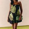 Summer New European and American Style Print Tube Top Dress Women's Halter Back Slim Holiday Style Short Skirt Green Plants