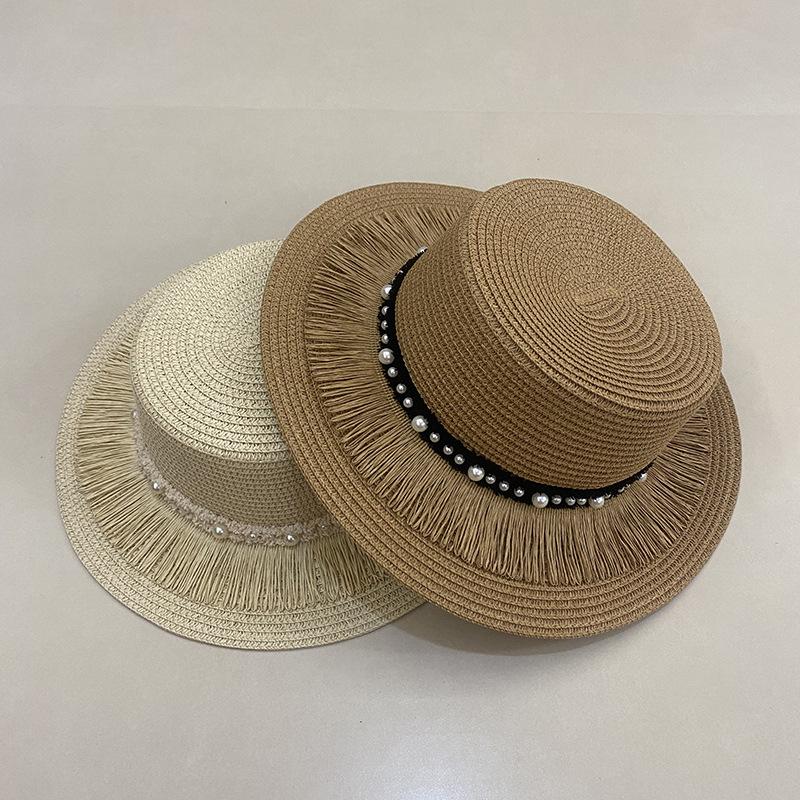 Tassel Pearl Flat Top Straw Hat Women'S Summer British Top Hat Travel Casual Sun Hat Outdoor Sun Protection Hat