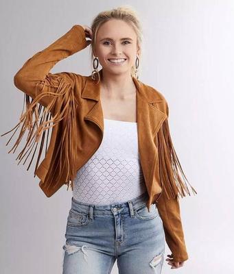 Echte handgemachte Wildleder Frauen braun Motorrad Lammfell Jacke Fransen Leder