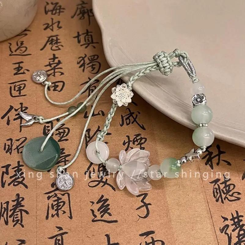 b23 Chinese Style Sense of Design Exquisite Lotus Exquisite Leaf Bead Handmade Woven Rope Bracelet Women's Fashion Daily Jewelry