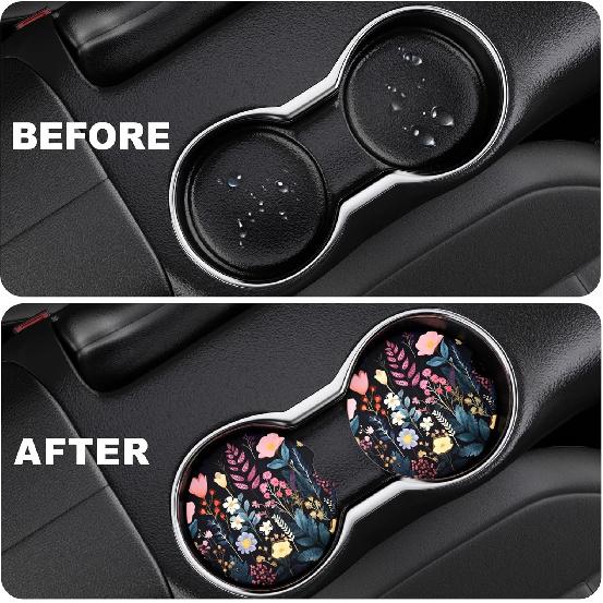 2 Pack Car Cup Holder Coasters, 2.63 Inch Anti Slip Ceramic Absorbent Coaster with Cork Base and Finger Notch, Cute Car Accessories Interior for