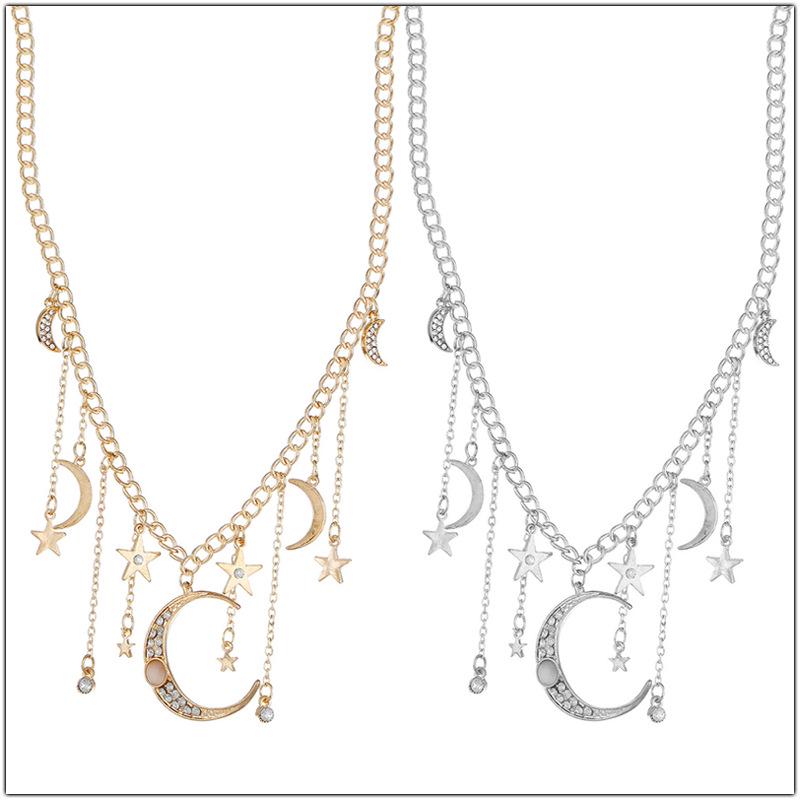 Star Moon Tassel Pendant Necklace - Inlaid Diamond Choker Clavicle Chain
