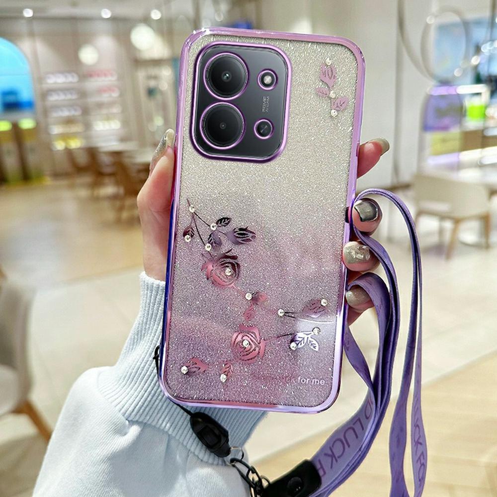 For Xiaomi Redmi 15C 4G (Global) (171mm)/Poco C85 4G (171mm) Case Flower Pattern TPU Gradient Phone Cover with Lanyards