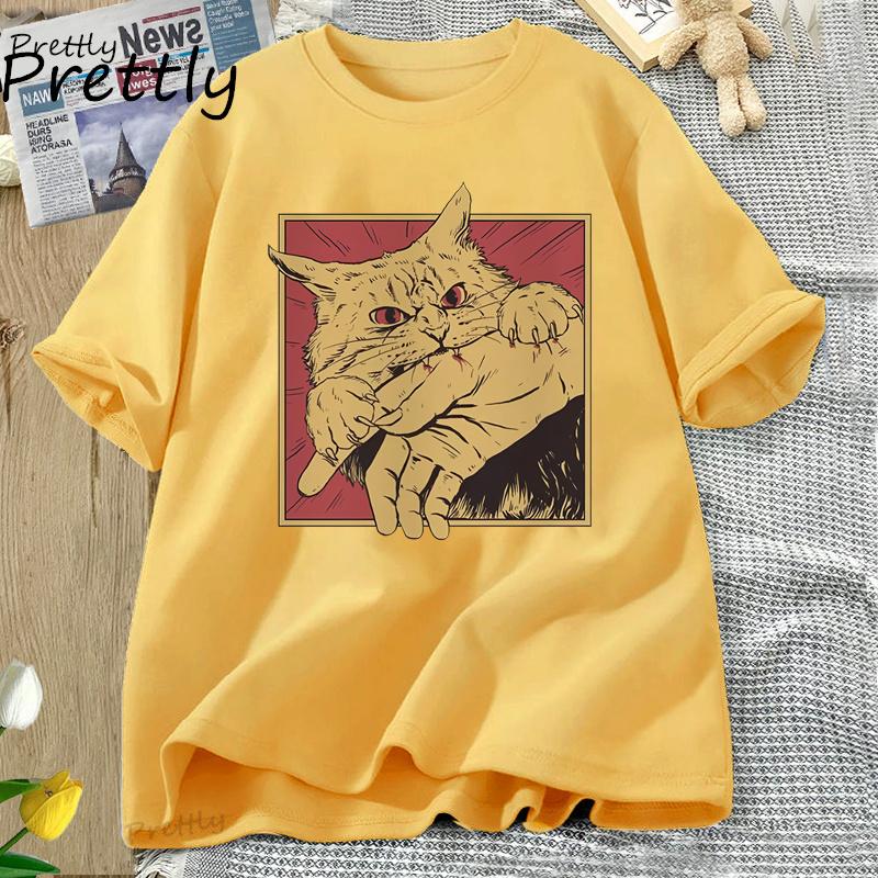 Vintage Cat Bite T Shirt Japanese Horror Retro Graphic Tee Horror Cats Crazy T Shirts Men Women Fashion Short Sleeve Tees