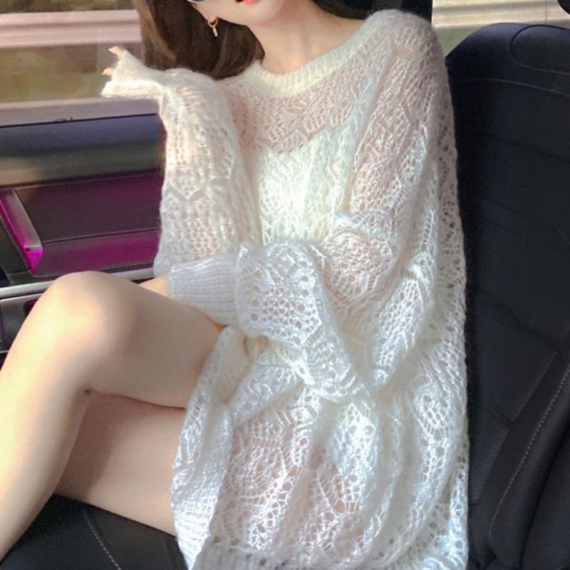 Spring and Summer New Soft and Gentle Fairy Style Blank Sweater Mid-length Lazy Solid Color Blouse Top Onesize белый