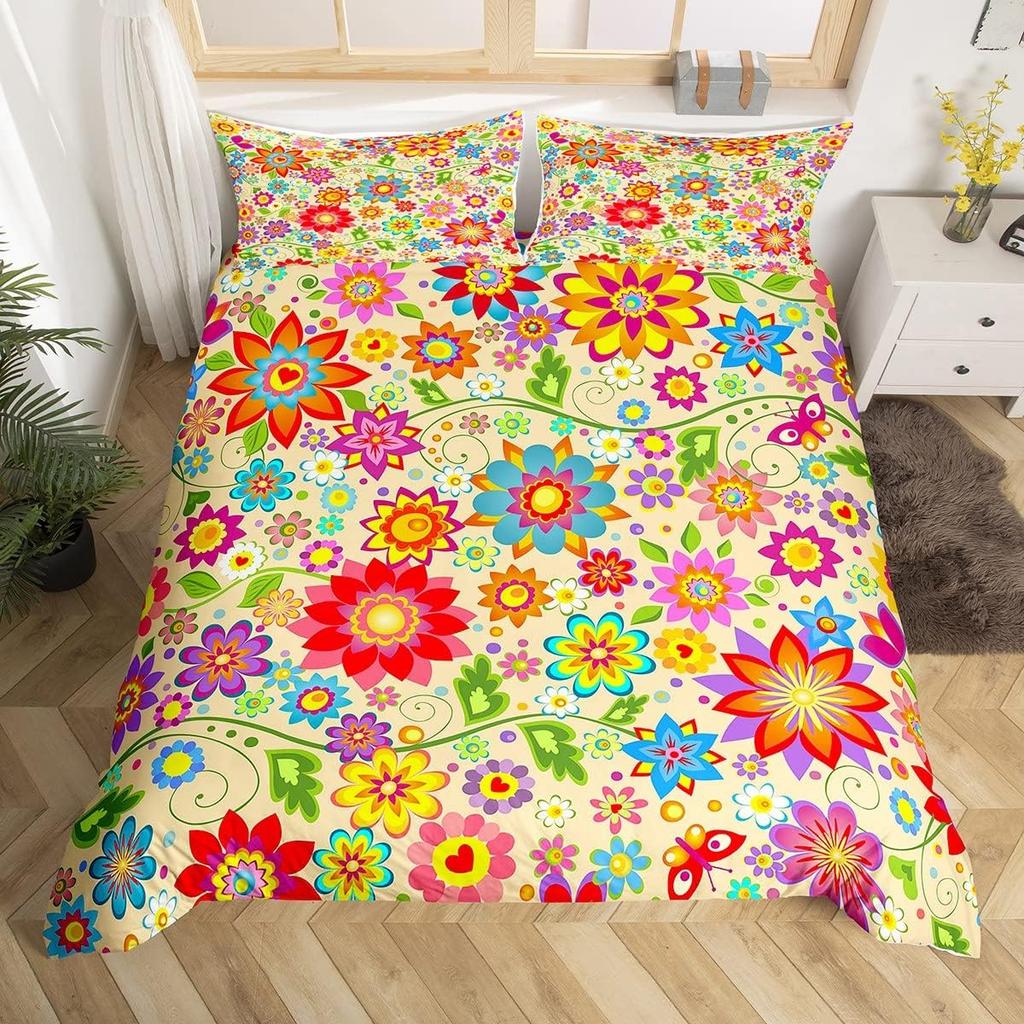 70er Jahre Retro Hippie Bettwäsche Set Groovy Blumen Bettbezug Full Queen für Erwachsene Teenager Boho Vintage Psychedelisch Floral Bettbezug