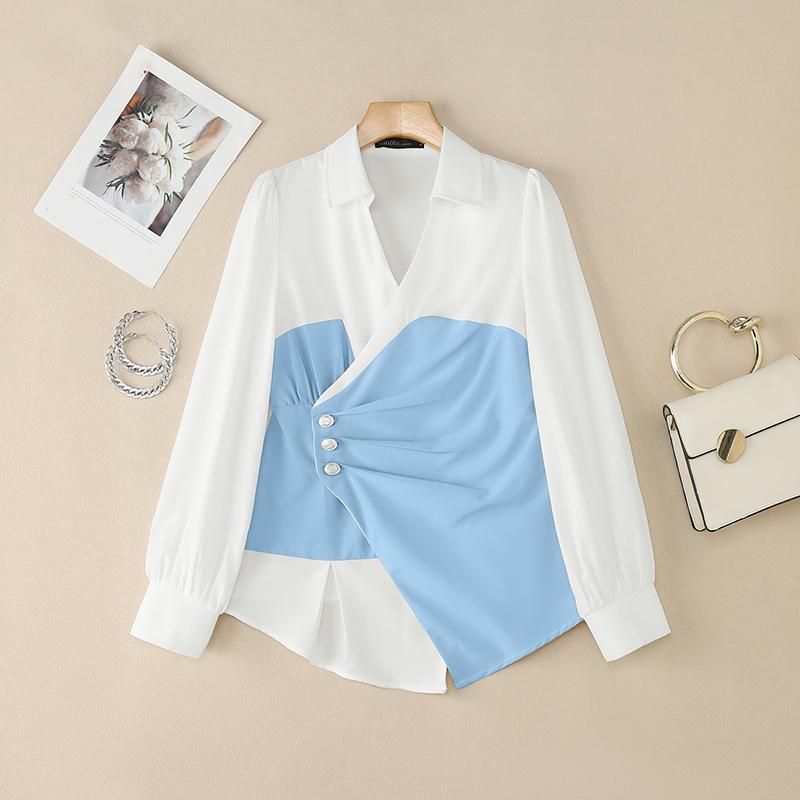 

ZANZEA Женская повседневная блузка с отложным воротником и длинным рукавом в стиле пэчворк 5XL синий