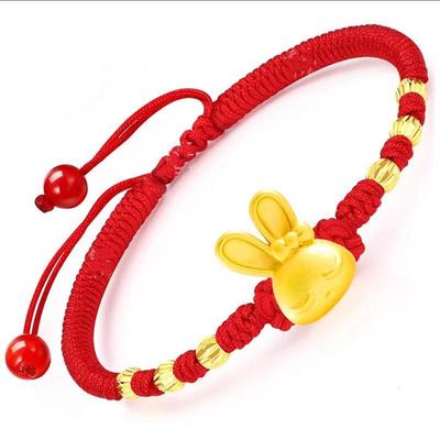 Pulseira de Fio Vermelho com Coelho do Zodíaco Feita à Mão - Presente da Sorte Ajustável para Homens e Mulheres