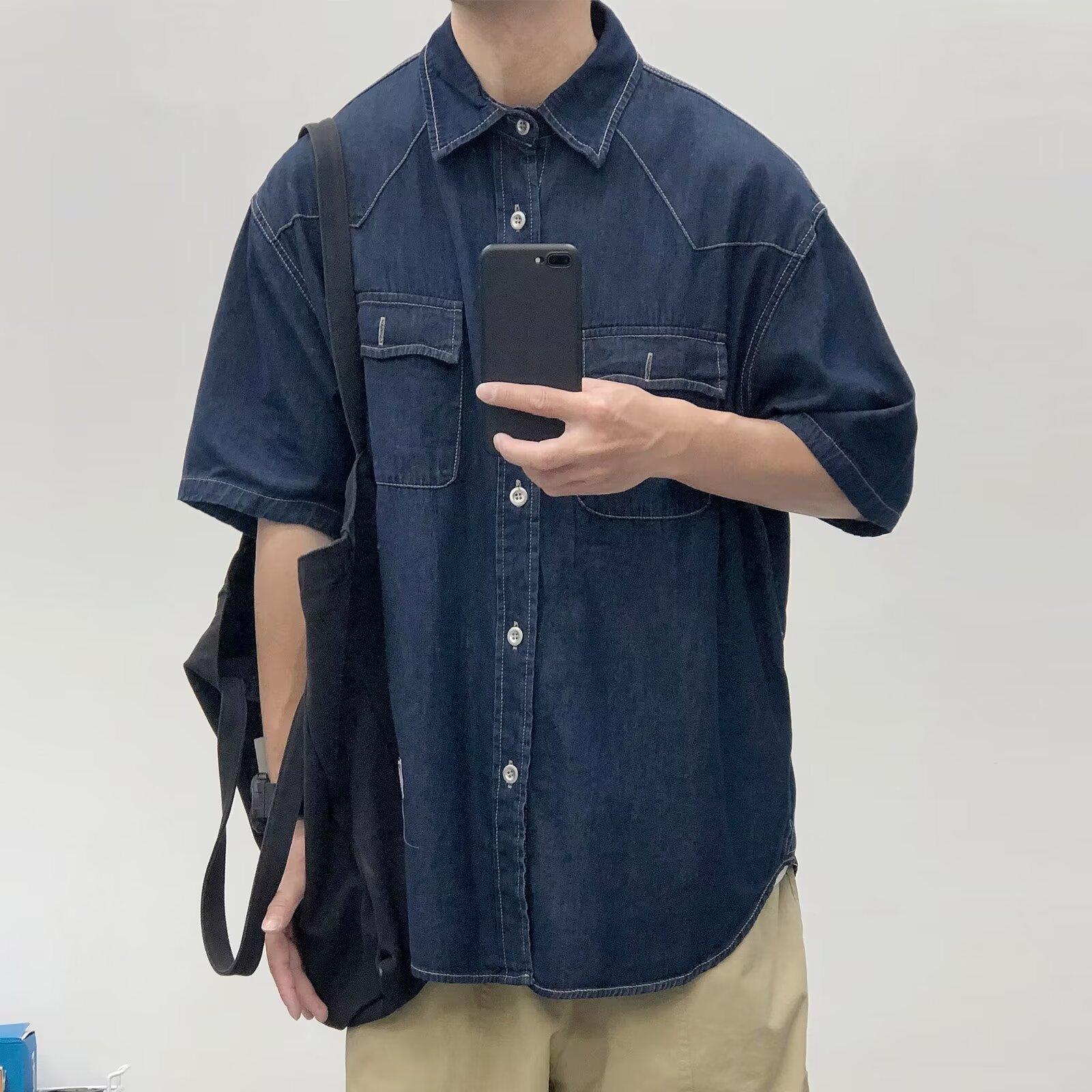 

Японский ретро модный бренд летняя свободная джинсовая рубашка с короткими рукавами художественная молодежная рабочая рубашка мужская и женская многослойная куртка 2XL темно-синий