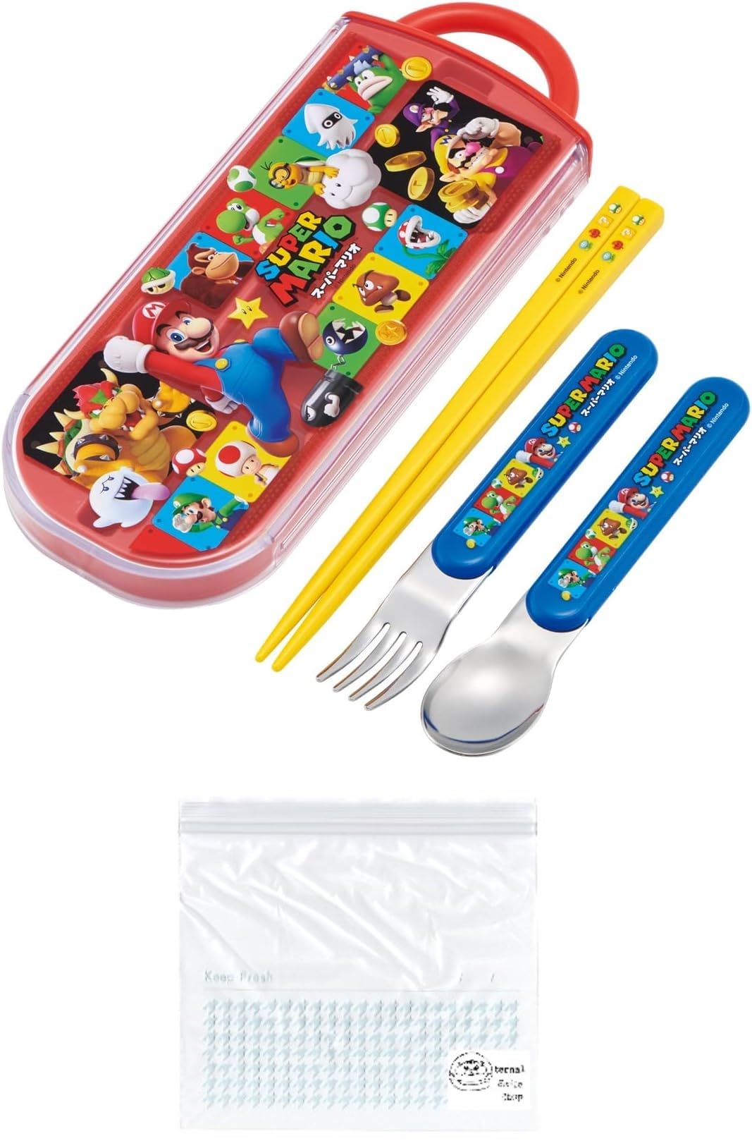 

Super Mario Trio Set Chopsticks Spoon Fork Lunch Chopsticks Case Chopsticks Slide Type Made in Japan Dishwasher Safe Antibacterial Mario Set Freezer