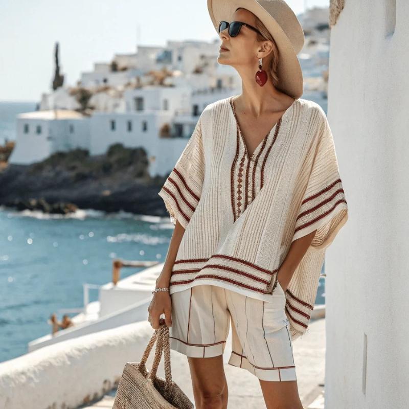 A New French Laid-Back Greek Vacation Style V-Neck Black Striped Women'sTop+ Shorts for A Comfortable And Casual Seaside Vacation 2pcs Set