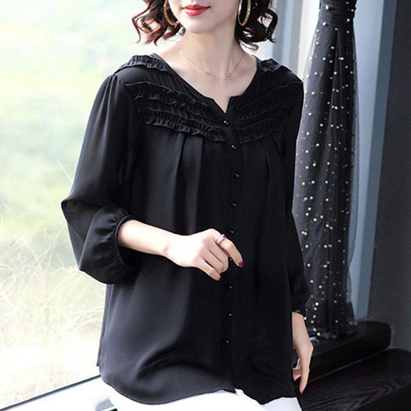 Korean Solid Color Stylish Folds Shirt Spring Autumn Nine Quarter Sleeve Female Clothing O-Neck Commute Single-breasted Blouse
