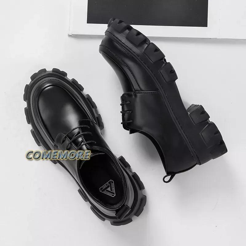 Male Leather Shoes Men's 2024 New Chunky Platform Retro Work Shoes Spring Autumn Low Top Man Casual Flats British Style Lace-up